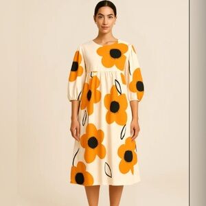Floral Print Cream and Orange Midi Dress Size Medium